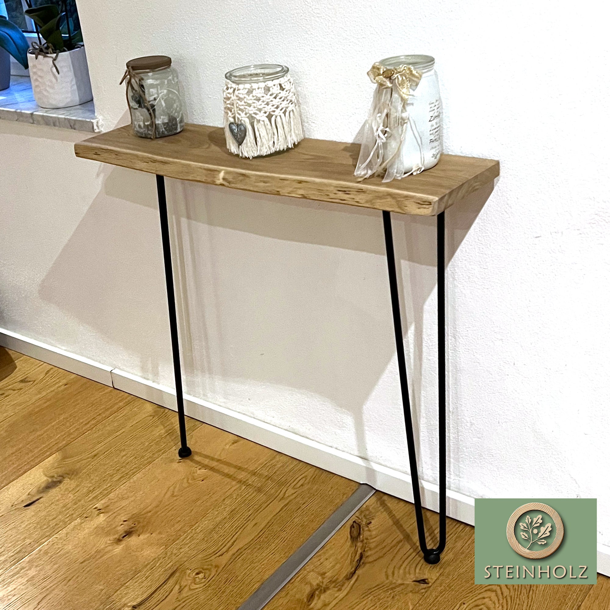 Oak console table with tree edge and hairpin legs – natural &amp; modern