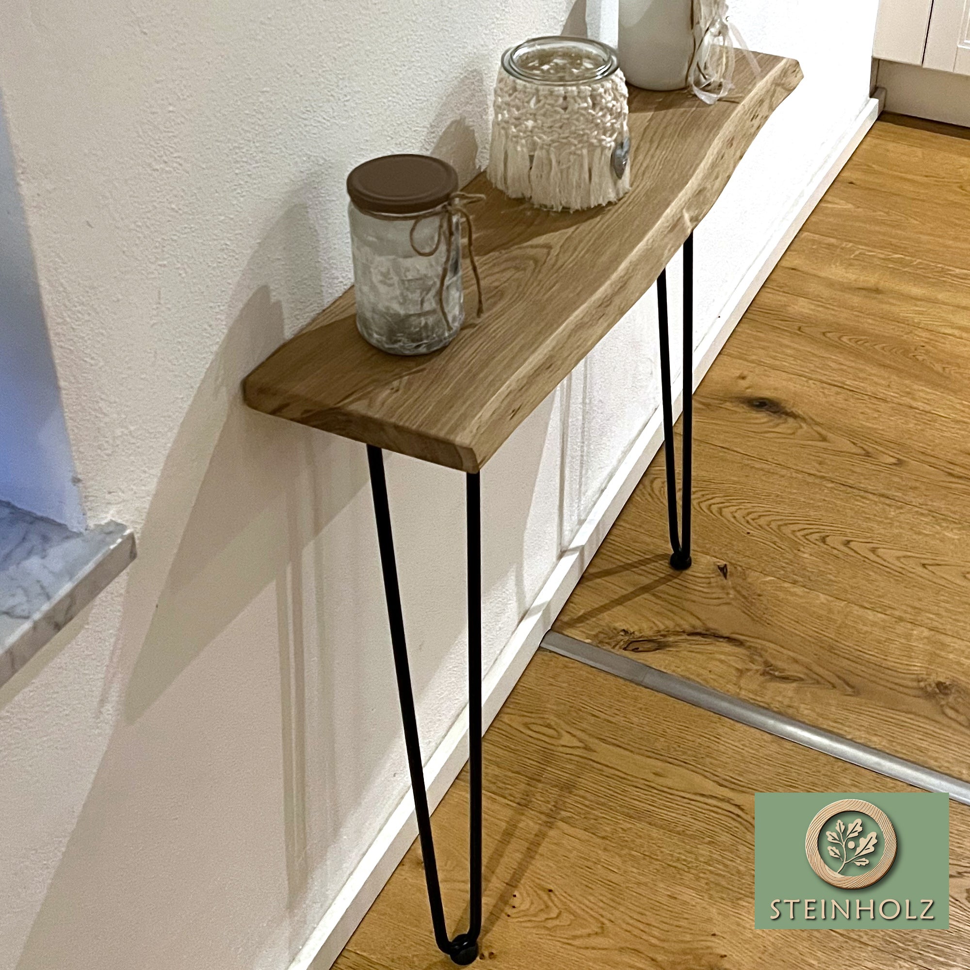 Oak console table with tree edge and hairpin legs – natural &amp; modern