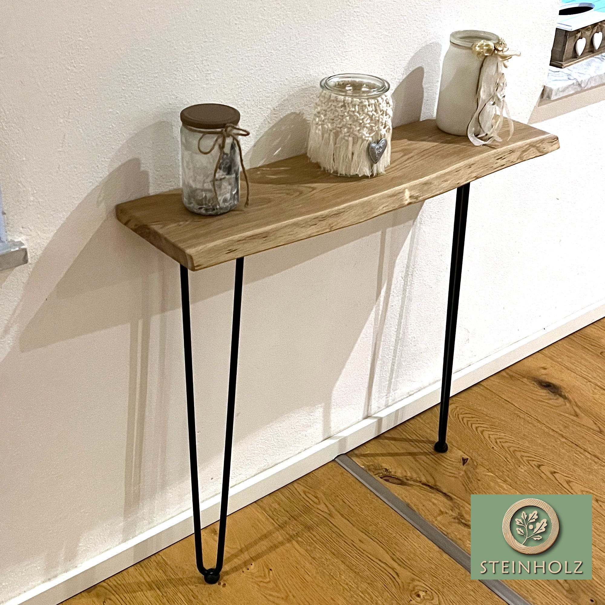 Oak console table with tree edge and hairpin legs – natural &amp; modern