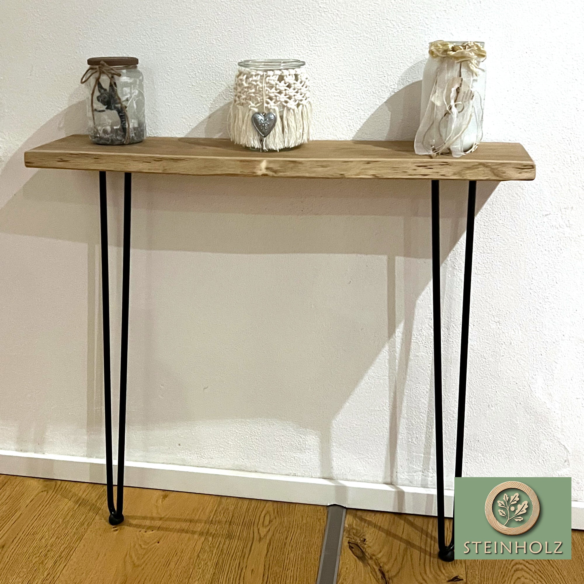 Oak console table with tree edge and hairpin legs – natural &amp; modern